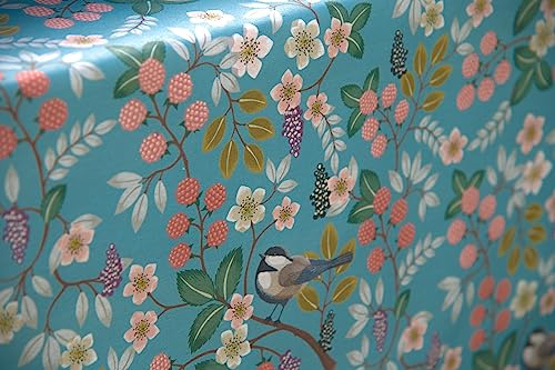 Staab's Stoff wasserabweisend Baumwolle beschichtet verschiedene Dekore (in 50cm Schritten) (Breite 140 cm x Länge wählbar) (Vögel in Himbeerzweigen blau)