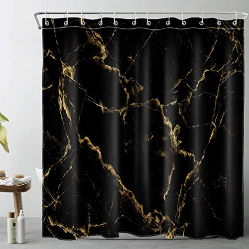 LB Schwarzer und Goldener Marmor Duschvorhang 240x175cm Abstrakte Geografie Antischimmel Wasserdicht Badezimmer Vorhänge, Vintage Gestreift Extra Breit Polyester Stoff Bad Vorhang mit Haken