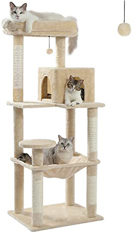 PAWZ Road Katträd med metall-plyschhängmatta, katttorn för vuxna katter med 2-dörrars Condo-hus, katthyllor med 6-stegs klösstolpar och stor övre sittstång, beige, 143 cm