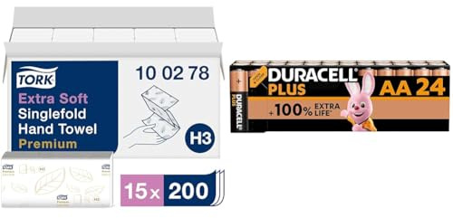 Tork extra weiche Zickzack Papierhandtücher Premium 100278 - H3 Falthandtücher für Zickzack Papierhandtuchspender - besonders saugfähig & Duracell Plus Batterien AA