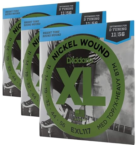 D'Addario E Gitarren Saiten | Gitarrensaiten E Gitarre | Gitarren Saiten | Saiten E-Gitarre | DER BELIEBTESTEN SAITENMARKE | EXL117 | vernickelter Stahl | Med.Top/Extra-Hvy.Bottom (11-56) | D-Tuning