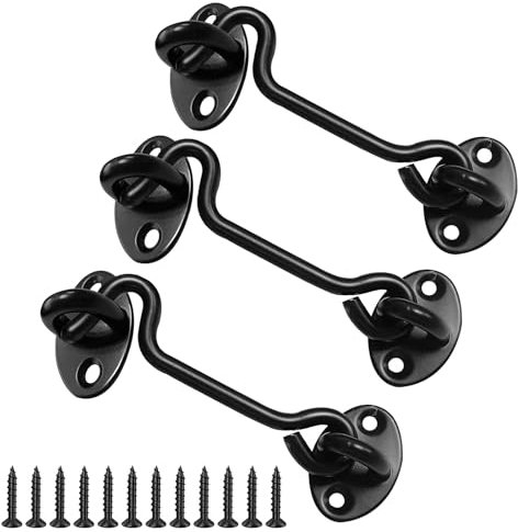 3pcs Stainless Steel Cabin gate Hook and Eye Latch Lock 4 Inch Privacy Gate Cabinet Latches Heavy Duty Gate Metal Door Latches for Window Sliding Door Bedroom and Bathroom (Black) 【Package Includes】P