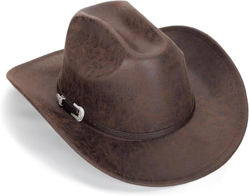 NociHah Klassische Westernhüte für Herren und Damen – Hüte mit Stierkopf aus PU-Leder mit breiter Krempe und Metallgürtel, Westernhut im Cowboy-Stil