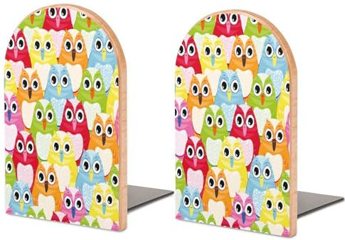 Buchstützen aus Holz für Regale, Schreibtisch-Buchstützen, 2 Stück, Tier, Vogel, Eule, bunt, dekorativ, Büro, Zuhause, Schule, Buchhalter, robuste Buchstopper für Filme, Bücher