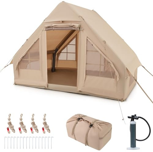 COSTWAY Inflatable Camping Tent, Waterproof 4-Season Blow-up Air Tent with Pump, Mesh Screen Windows and 2 Doors, Easy Setup 4-6 People Windproof Luxury Cabin Tents for Family (295 x 202 x 207 cm)