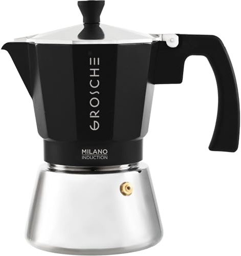 GROSCHE Milano Induktionsherd Espressokocher Mokkakanne für Greca, Induktion, Elektro- & Gasherde, Spülmaschinenfest, Herdplatte Espressokocher | 6 Espressotassen, Schwarz