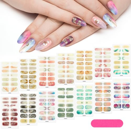 JSRQT 14 hojas de calcomanías de esmalte de uñas con diseño de estrella de luna, constelaciones, calcomanías autoadhesivas coloridas con diseño dorado para mujeres y niñas, decoración de puntas de