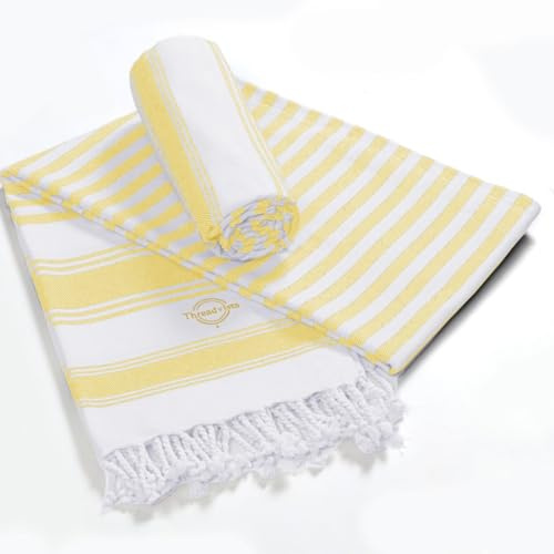 Threadvista Turkish Peshtemal Beach Towels Cotton Set of 2 Large 40x70 Inch - Soft Lightweight Quick-Drying Absorbent - Versatile for Beach Pool Spa Picnic Travel or Bath Use - Turkish Towels Yellow
