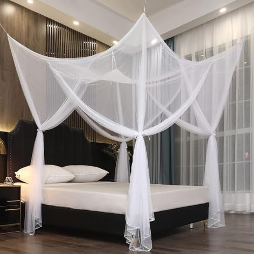 Anmas Box Mosquito Net Bed Canopy for Double Bed - White Four Corner Post Curtains, Elegant Drape With Hook & Rope, Screen Netting for Full