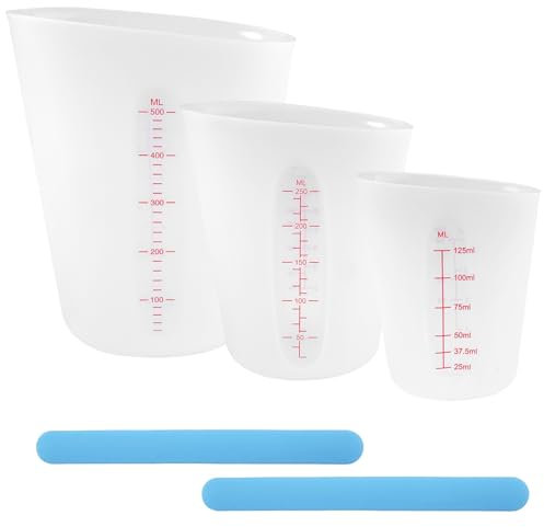 Lot de 3 tasses à mesurer en silicone 500 ml/250 ml/125 ml avec graduation, gobelet en silicone à verser avec agitateurs pour moules en résine époxy, bricolage artisanal