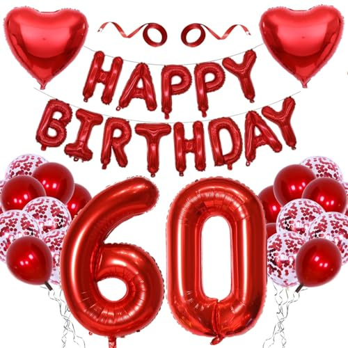 Anlgdi Deko 60. Geburtstag Frau, Geburtstagsdeko 60 Jahre Frauen Männer, Folienballon Zahl 60 Rot, Ballons Happy 60th Birthday Mann Deko, Folienballon 60 Geburtstag Männer Frauen Dekoration