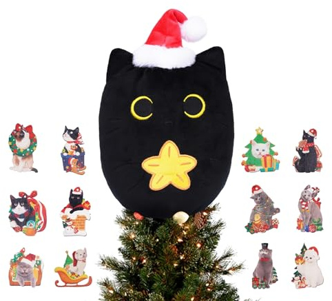 Yamepuia Weihnachtsbaumspitze – schwarze Katzenbaumspitze, niedliche Weihnachtsbaumspitze mit 12 schwarzen Katzen-Hängeschildern, lustige Katzenbaumspitzen, Weihnachtsdekoration für Feiertage