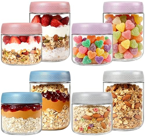 Overnight Oats Jar Container set 8, Glass Jam Mason Jars Breakfast Pots with Lids, Applicable to Yogurt Oatmeal Salad Cereals Milk Fruit Dressing Sauce Condiment ( 4 PC 480ML and 4 PC 350ML )