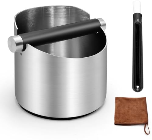 Stainless Steel Coffee Knock Box – Large Capacity Espresso Knock Box with Removable Knock Bar, Non-Slip Base, Cleaning Brush & Cloth, Coffee Machine Accessories