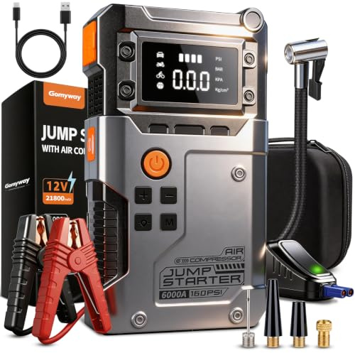 Avviatore Batteria Auto 6000A, Booster Avviatore Auto con Compressore 160PSI (per 12V 10.0L GAS e 8.0L DIESEL), Jump Starter 5V/3A,LED,Starter Batteria LCD,Avviatore Emergenza USB