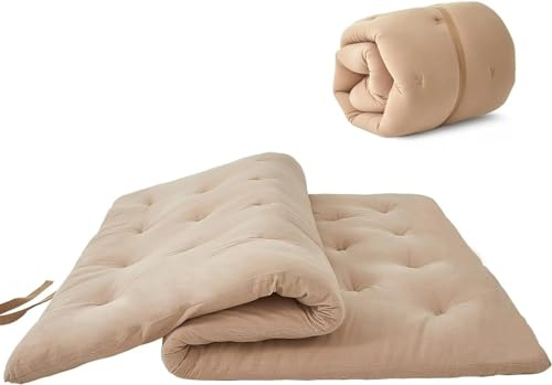 YDYAENIO Tatami madrass futonmadrass, hopfällbar tatami, bärbar liggmadrass för sovsal, rullbar solstol säng för gästresor och camping (kaki, full)