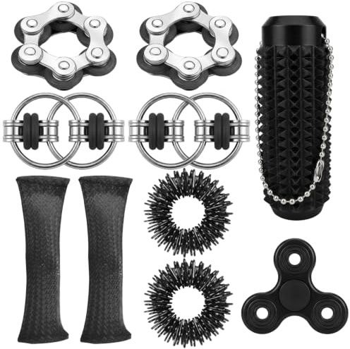 10-teilig Fidget Cube, Fidget Toys Erwachsene Set mit Anti Stress Würfel, Skills Set Stress Erwachsene für Konzentration und Entspannung, Schwarze Stacheln Greifspielzeug mit Kette