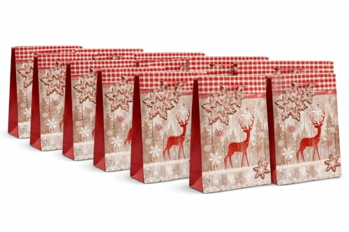 Bambelaa! 12 Stück Geschenktüten Weihnachten Geschenktaschen Groß Papiertüten Weihnachtstüten 157 g Papier Rot Braun Beige Glänzend (Ca. 25x8,5x34 cm)