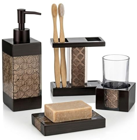 Creative Scents Bronze Bathroom Accessories Sets Complete - Decorative Bathroom Accessory Set - 4 Pc Bathroom Set Includes: Soap Dispenser, Toothbrush Holder, Tumbler and Soap Dish (Dahlia Collection)