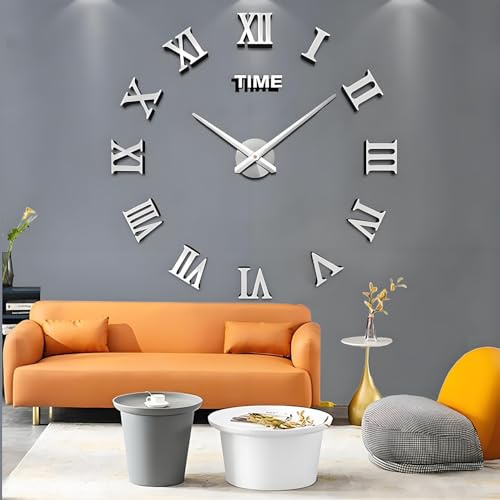 Coraltree DIY 3D Wanduhr Moderne Mute Große XXL Stumm Spiegel Aufkleber für Dekoration Geschenk nach Hause Restaurant Büro und Hotel, 70-130 cm, Silber