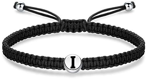J.Endéar Pulsera Letra I para Mujer Hombre Plata de Ley 925, Pulseras con Iniciales Cadena Ajustable Trenzada Hecha a Mano Negra