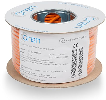 Oren CAT6 Ethernet Kabel 50m – 23 AWG Reiner Kupferdraht – B2ca – 400 MHz Bandbreite UTP-Internet-LAN-Netzwerkkabel – Halogenfrei, Nicht Korrosiv, Flammhemmend – Gigabit