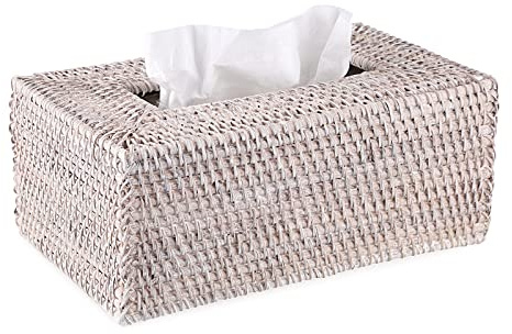 Sumnacon Rechteckige Taschentuchbox-Abdeckung aus Rattan, dekorativer gewebter Servietten-Tücherhalter, Vintage-Tücherhalter für Wohnzimmer, Schlafzimmer, Badezimmer, Ladendekoration, weiß getünkt