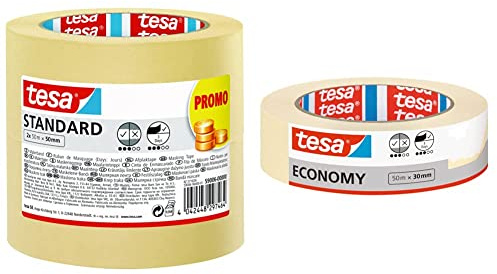 tesa Malerband Standard - 2er Pack 2 x 50 m x 50 mm & Malerband ECONOMY - Vielseitiges Klebeband für Malerarbeiten ohne Lösungsmittel 50 m x 30 mm
