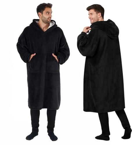 Sienna Extra lange übergroße Decke Hoodie tragbarer Überwurf mit Taschen Ärmeln weiches Sherpa-Fleece tragbarer Überwurf riesiger Sweatshirt, schwarz