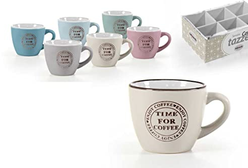 Set 6 Tazzine Tazze Caffe' in Ceramica Time For Coffee senza Piattini 90 ml