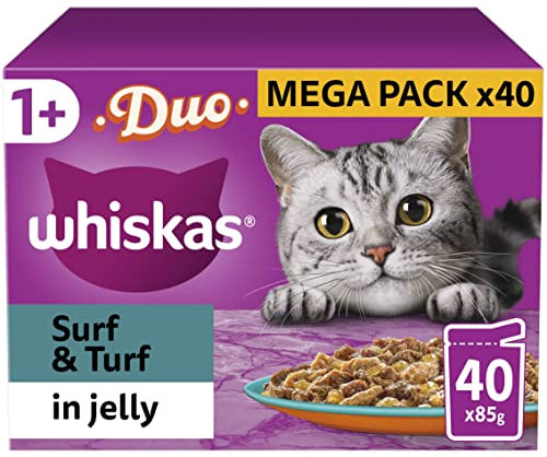 WHISKAS - 1+- Adult Wet Cat Food Pouches - 40 x 85 g - Surf and Turf in Jelly - Bulk Cat Food Megapack - 40 Pouches