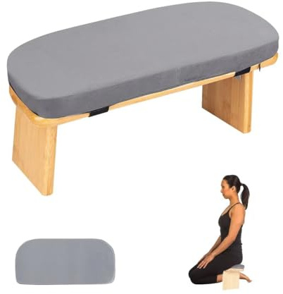 Meditation Bench with Cushion Foldable Ergonomic Bamboo Kneeling Stool Seiza Bench Wooden Meditation Stool Chair Zen lotus Yoga Stool Floor sitting Prayer Bench Removable Pillow (Light Grey)