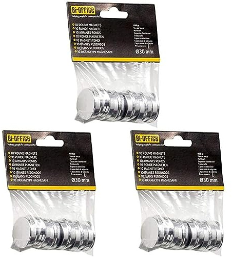 Bi-Office Magnete, 10 Stück,rund Durchmesser 30 mm – Silber (Packung mit 3)