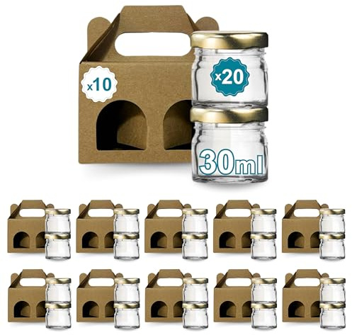 Espirito Rebelde Lot de 20 pots en verre vides avec couvercle de 30 ml avec 10 bôites en carton pour 2 pot de confiture - Inclut un couvercle à vis doré, pour confitures, conserves, miel