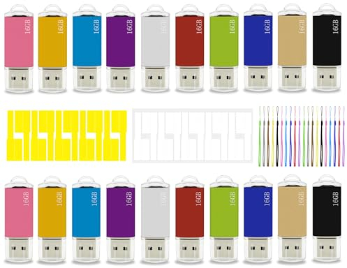 Nicepicten FAT32 - Memoria USB de 16 GB, 20 unidades flash USB 2.0 de 16 GB con cordón y etiqueta (varios colores)