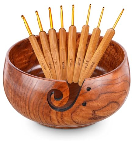 Wooden Yarn Bowl with 8Pcs Metal Crochet Hooks, Knitting Yarn Bowl with Holes Storage Handmade to Prevent Slipping, Perfect Yarn Holder Bowl for Crocheting and Knitting Mother's Day Gift 6 x 3