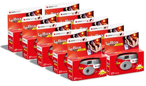 AGFA Photo 601020 LeBox Flash, Einwegkamera, 27 Fotos, optisches Objektiv 31 mm, Grau und Rot, 10er