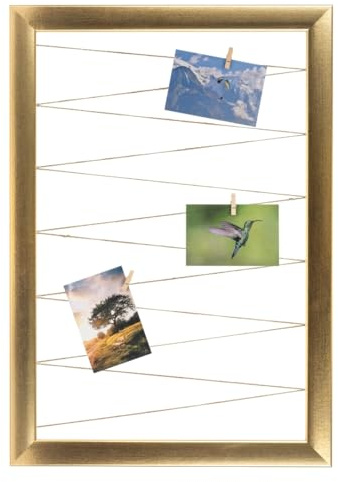 CLAMARO Neo Collage Bilderrahmen mit Fotoleine, 55x75 cm, Gold, Jutekordel | 20 Holzklammern, MDF-Rahmen 38 mm breit, Metall-Wandhalterung, ideal als Fotocollage oder Galeriewand