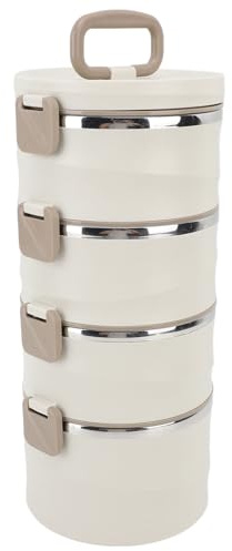 SIXRUN 3,3 L, 4 Etagen, Isolierte Lunchbox, 304 Edelstahl-Lebensmittelbehälter, Runde Stapelbare -Box mit 2 Integrierten Gabellöffeln, Stapelbare Lunchbox (Beige)
