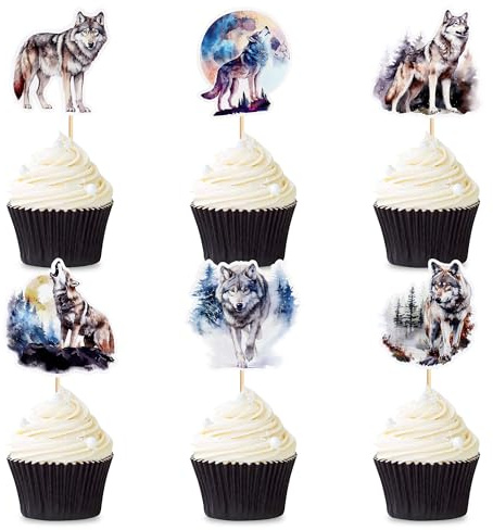 Blumomon 24 adornos para cupcakes de lobo de safari, animales de la selva, decoración de pasteles, figuras de animales, decoración para tartas, para baby shower, cumpleaños infantiles, fiestas,