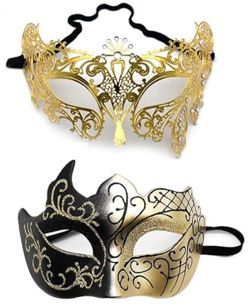 YIMINI 2 Pièces Masqu Vénitien Masque en Métal, Masques de Bal pour Hommes et Femmes, Pour Bal et Fête