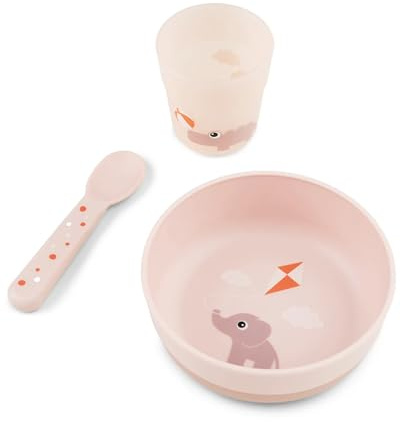 Done by Deer Baby Geschirr Set Foodie – Erstes Esslern Set mit Schüssel rutschfest, Becher & Löffel – Babygeschirr BPA-frei, mikrowellen- & spülmaschinengeeignet – Playground Powder Rosa