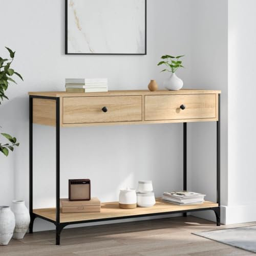 FOZICV Konsolentisch fürs Wohnzimmer mit Schublade 100x34,5x75 cm Klassischer Stil Beistelltisch mit Schublade Telefontisch Holz Couchtisch Sideboard Holzwerkstoff Sonoma-Eiche