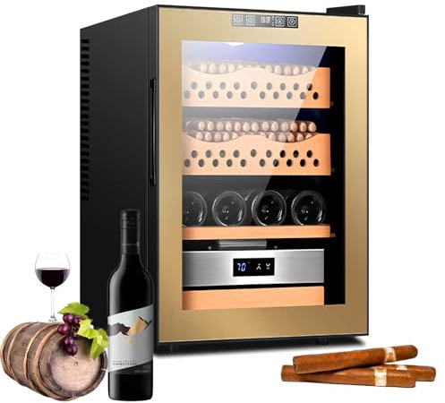 Fablestoryem 50L Elektrischer Zigarren-Humidor, Kühlkontrollsystem, Elektronischer Kühler-Humidor-Schrank mit Regalen aus Spanischer Zeder und Hygrometer (4 Schichten, 200-300 Kapazität),Gold B