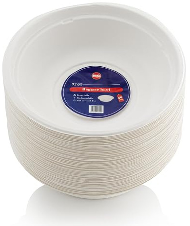 H&Co Bagasse Bowls, 20cm - 32 Oz, Bamboo Material, Heavy Duty, Pack of 50, Eco-Friendly, Hot or Cold Use