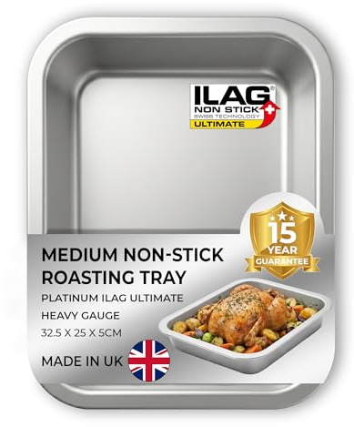 Chabrias Ltd UK-Made Roasting Tray with ILAG Ultimate Non-Stick Coating - 33x25x5cm - Heavy Duty Carbon Steel Roasting Tin, Deep Oven Tray for Roast Chicken, Meat, Vegetables & Baking - Medium 13