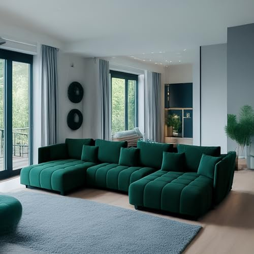 KP-Meble - Ecksofa mit Schlaffunktion - Gona U - wohnlandschaft 346 x 188 cm - T30-Schaumstoff - Automatisches Zusammenklappen für einfaches Entfalten - 346x188x93cm - Monolith 37 (Flasche Grün)