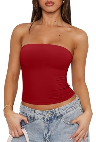 REORIA Women's Strapless Tube Top Double Lined Cute Y2K Backless Bandeau Crop Tnak Tops for Sexy Going Out Outfits Trendy Summer Clothes 2026 Red Small