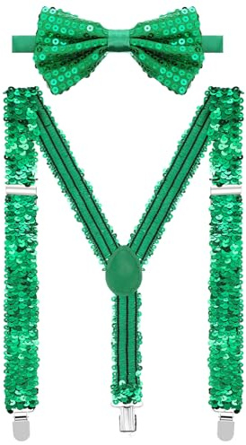 Jadive 2 Pcs Pailletten Hosenträger Set Y Clip mit Glitzer Fliege Krawatte Schleife Kostümzubehör für Disco Karneval Halloween Mottoparty