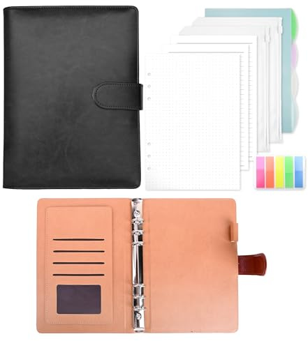 Ringbuch A5 Nachfüllbar, Leder Notizbuch Binder Mit 135 Blätter A5 Nachfüllpapier Und Bindertaschen Für Schulnotizen Reisetagebücher und Organizer(Schwarz)
